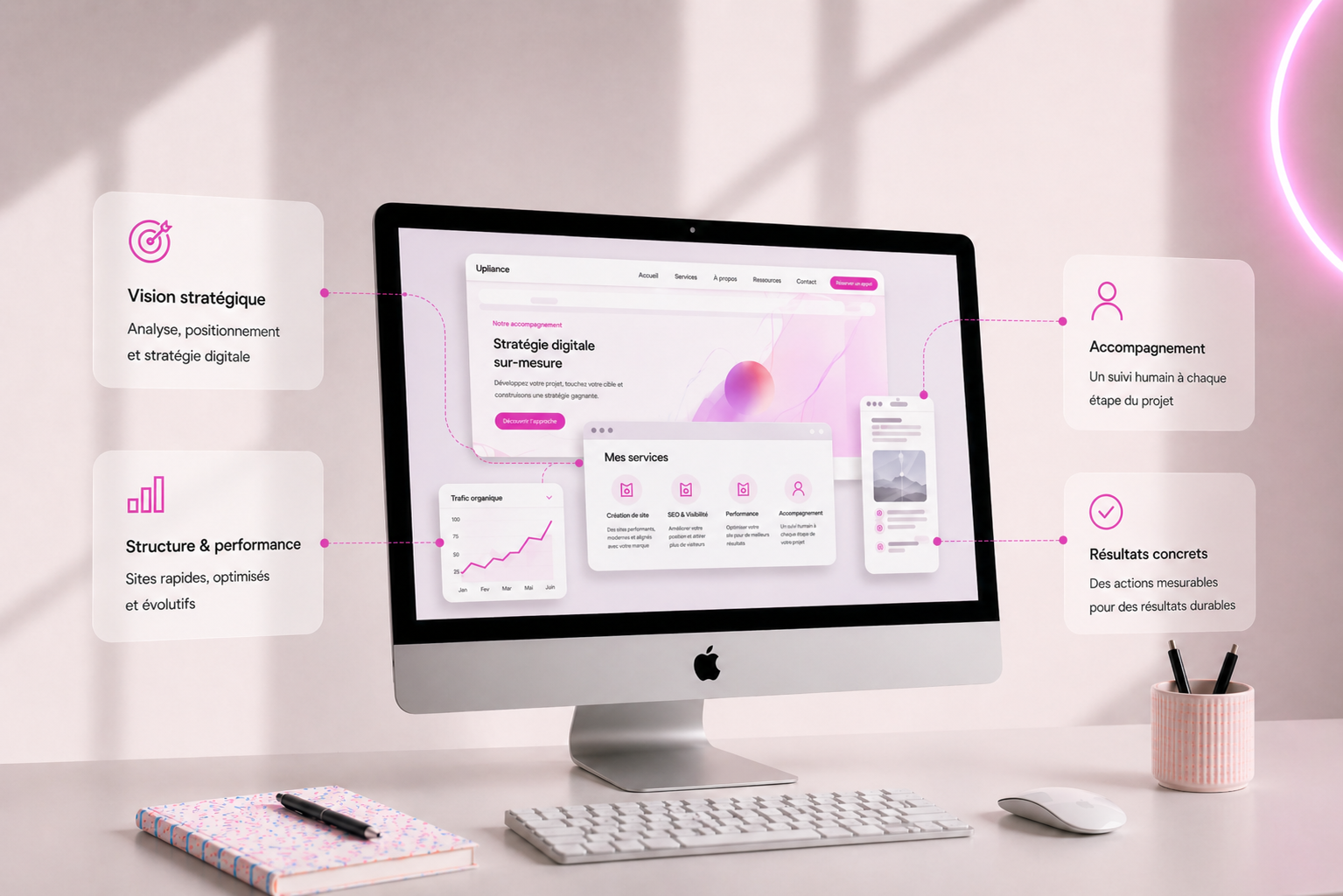 Consultante en stratégie digitale travaillant sur la création d’un site web professionnel